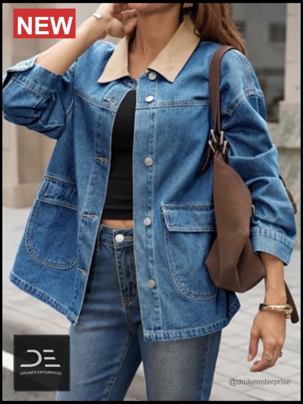 Oversized Denim Jacket with Contrast Canvas Collar - Picture 5 of 6
